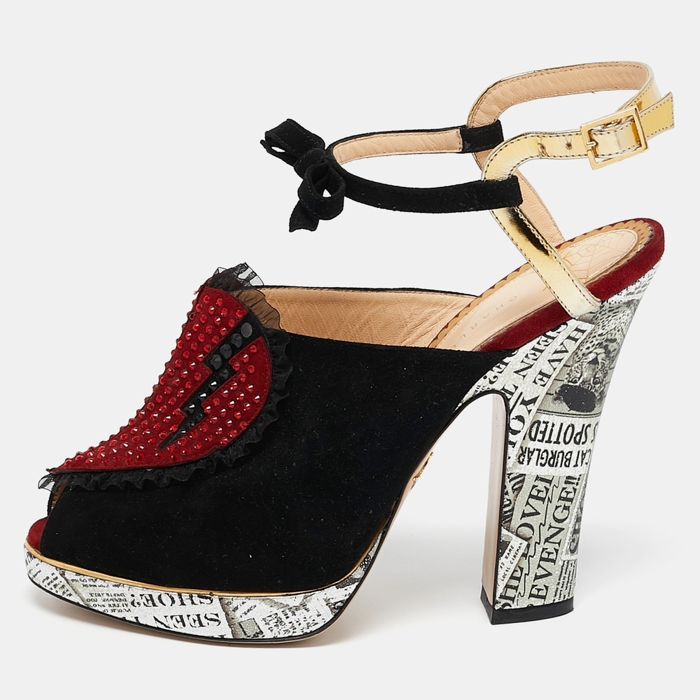 Charlotte Olympia Red/Gold Suede And Leather Love Ankle Strap Sandals Size 37